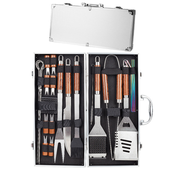 Nerūdijančio plieno grilio rinkinys aliuminio dėžutėje, 24 dalys, įskaitant pirštines, peilį, šepetėlį ir šakutę