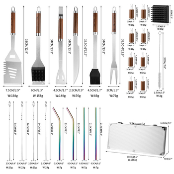 Nerūdijančio plieno grilio rinkinys aliuminio dėžutėje, 24 dalys, įskaitant pirštines, peilį, šepetėlį ir šakutę
