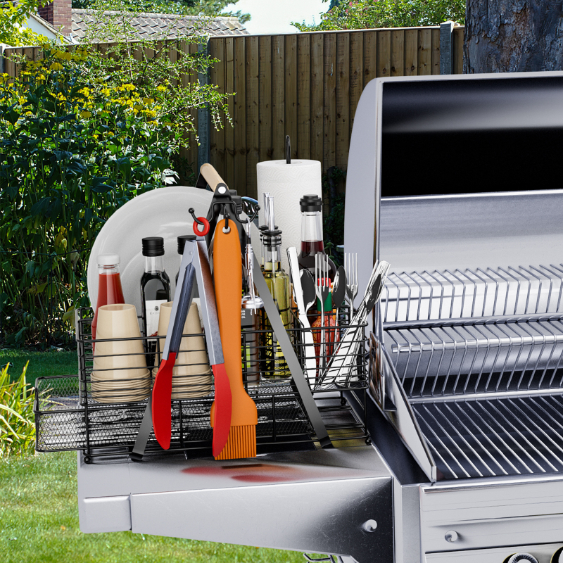 Konyhai tárolókosár, dupla rétegű, kézi hordozható, BBQ fűszerek és papírtörlő tartóval (Modell sc95142; Anyag: vas; Dobozok száma: 6; Kiadás éve: 2024)