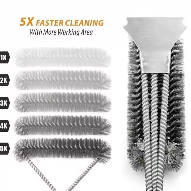 Yuhao trīsgalvas nerūsējošā tērauda grila tīrīšanas suka ar PP rokturi, iepakojums 50 gab.