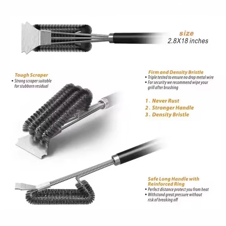 Yuhao trīsgalvas nerūsējošā tērauda grila tīrīšanas suka ar PP rokturi, iepakojums 50 gab.