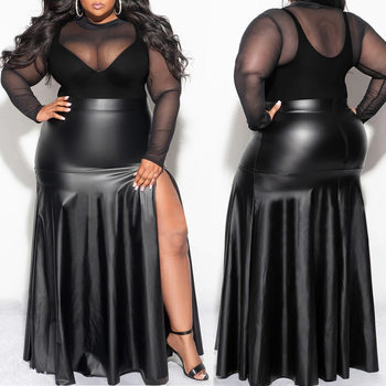 Moterų ilgas sijonas iš PU odos su aukštu juosmeniu ir lotus lapų kraštu, poliesterio-elastano audinys, tinkamas pavasariui ir rudeniui