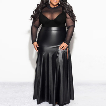 Moterų ilgas sijonas iš PU odos su aukštu juosmeniu ir lotus lapų kraštu, poliesterio-elastano audinys, tinkamas pavasariui ir rudeniui