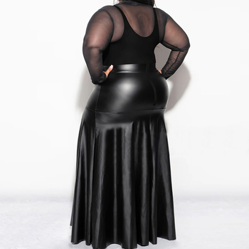 Moterų ilgas sijonas iš PU odos su aukštu juosmeniu ir lotus lapų kraštu, poliesterio-elastano audinys, tinkamas pavasariui ir rudeniui