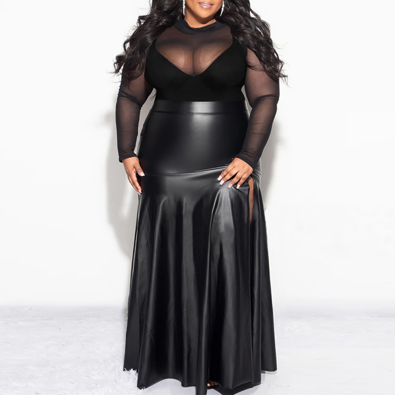 Moterų ilgas sijonas iš PU odos su aukštu juosmeniu ir lotus lapų kraštu, poliesterio-elastano audinys, tinkamas pavasariui ir rudeniui