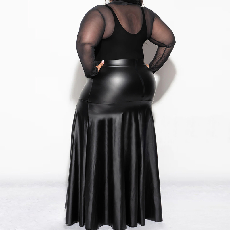 Moterų ilgas sijonas iš PU odos su aukštu juosmeniu ir lotus lapų kraštu, poliesterio-elastano audinys, tinkamas pavasariui ir rudeniui