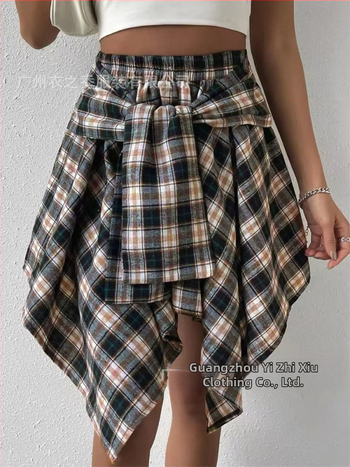 Асиметрична пола с връзки в каре, памук и капок, пролет 2025