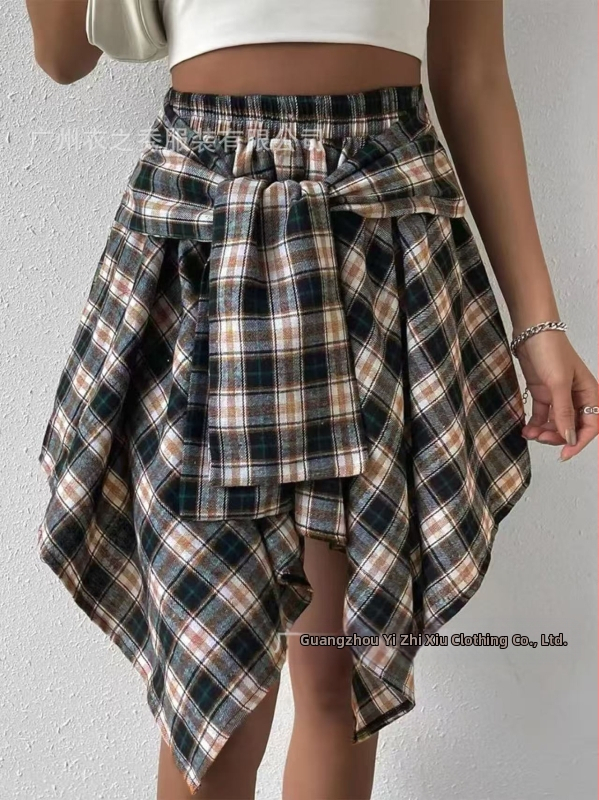 Асиметрична пола с връзки в каре, памук и капок, пролет 2025