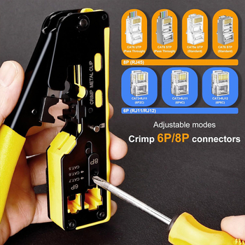 RJ45 krimpelő készlet – integrált Ethernet krimper Cat7/Cat6/Cat5, rugóacél, 0.33 kg, munkaerő-megtakarítás