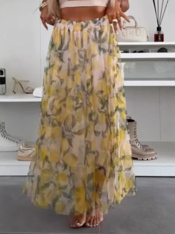 Лимонов принт дълга разкроена пола от полиестер-спандекс, свеж и сладък стил, полиестер 70-80% / спандекс <30%