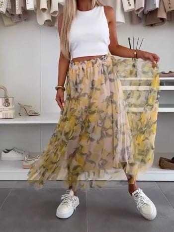 Limun otisak duga suknja od poliestera-spandeksa, svježi i slatki stil, poliester 70-80% / spandeks <30%