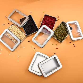 Правоъгълна кутия от тинплейт с прозорец за съхранение на значки и джаджи; материал: тинплейт; печат с четири цвята; отпечатано лого