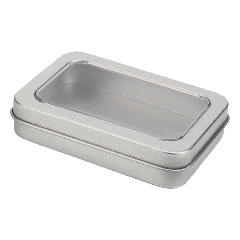 Правоъгълна кутия от тинплейт с прозорец за съхранение на значки и джаджи; материал: тинплейт; печат с четири цвята; отпечатано лого