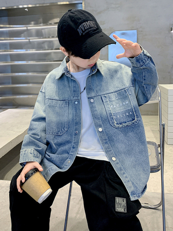 Fiúknak szóló denimhálóing-jacke, Koreai stílus, gallér, hosszú ujjú, 68% pamut, tavasz–ősz 2025