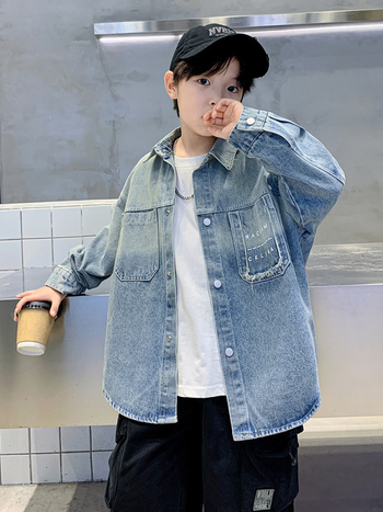 Fiúknak szóló denimhálóing-jacke, Koreai stílus, gallér, hosszú ujjú, 68% pamut, tavasz–ősz 2025