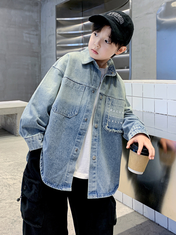 Fiúknak szóló denimhálóing-jacke, Koreai stílus, gallér, hosszú ujjú, 68% pamut, tavasz–ősz 2025