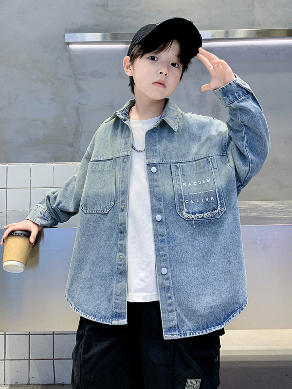 Fiúknak szóló denimhálóing-jacke, Koreai stílus, gallér, hosszú ujjú, 68% pamut, tavasz–ősz 2025