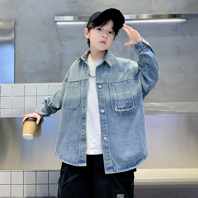 Fiúknak szóló denimhálóing-jacke, Koreai stílus, gallér, hosszú ujjú, 68% pamut, tavasz–ősz 2025