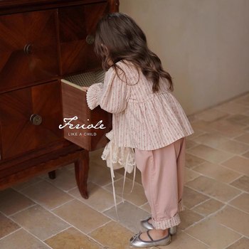 Παιδικό σετ με παντελόνι-τοπ φλοράλ, μακρύ μανίκι, κορεατικό στυλ, Άνοιξη 2025