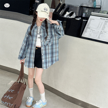 Lányoknak készült kockás polo-nyakú hosszú ujjú ing, 70% pamut, 8+ éveseknek (140 cm+), tavasz–ősz