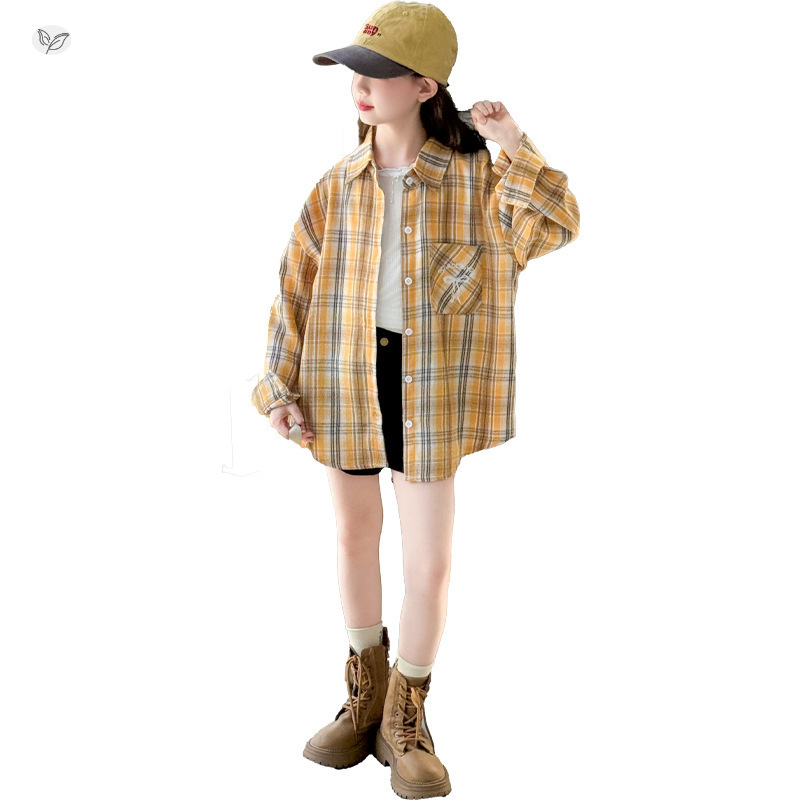 Lányoknak készült kockás polo-nyakú hosszú ujjú ing, 70% pamut, 8+ éveseknek (140 cm+), tavasz–ősz