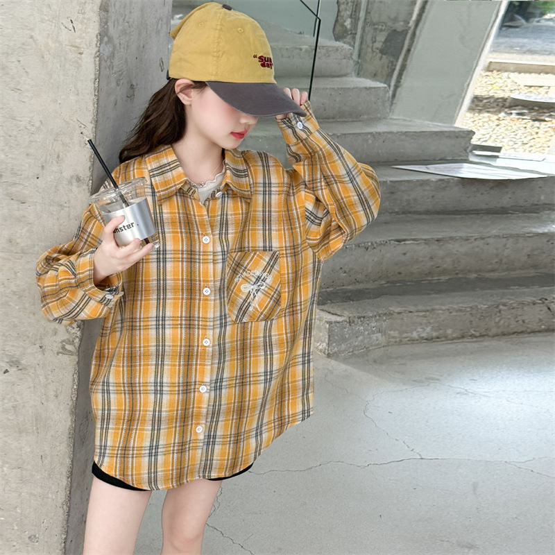 Lányoknak készült kockás polo-nyakú hosszú ujjú ing, 70% pamut, 8+ éveseknek (140 cm+), tavasz–ősz