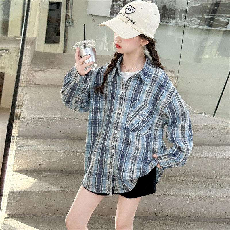 Lányoknak készült kockás polo-nyakú hosszú ujjú ing, 70% pamut, 8+ éveseknek (140 cm+), tavasz–ősz