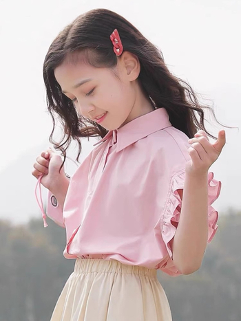 Mergaitėms skirtas vaikų marškinėliai, laisvalaikio stilius, trumpomis rankovėmis, apykaklė lapeli, 95% medvilnė, vasara 2025, vientisas raštas, amžius 8+ (aukštis virš 140 cm)