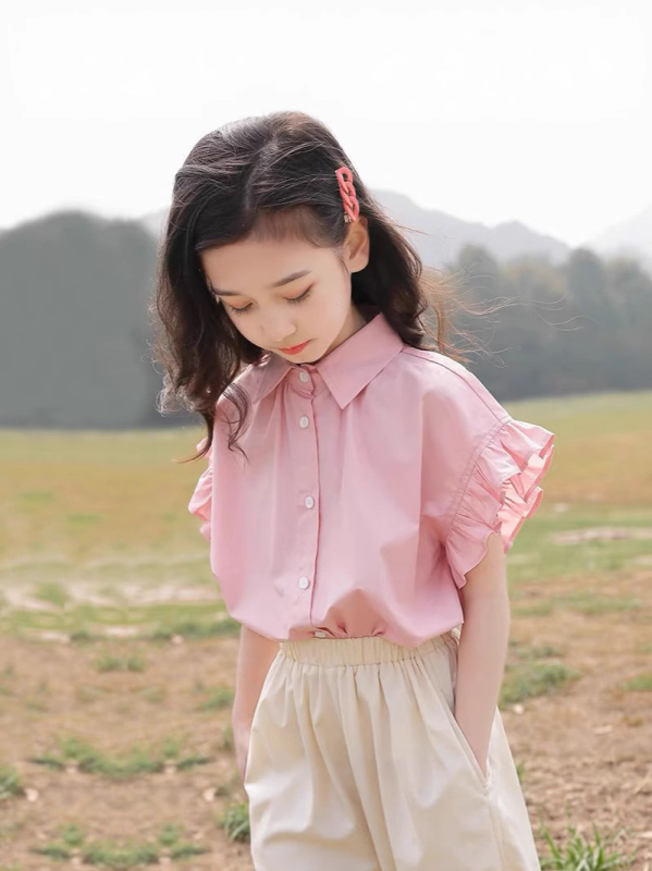 Mergaitėms skirtas vaikų marškinėliai, laisvalaikio stilius, trumpomis rankovėmis, apykaklė lapeli, 95% medvilnė, vasara 2025, vientisas raštas, amžius 8+ (aukštis virš 140 cm)