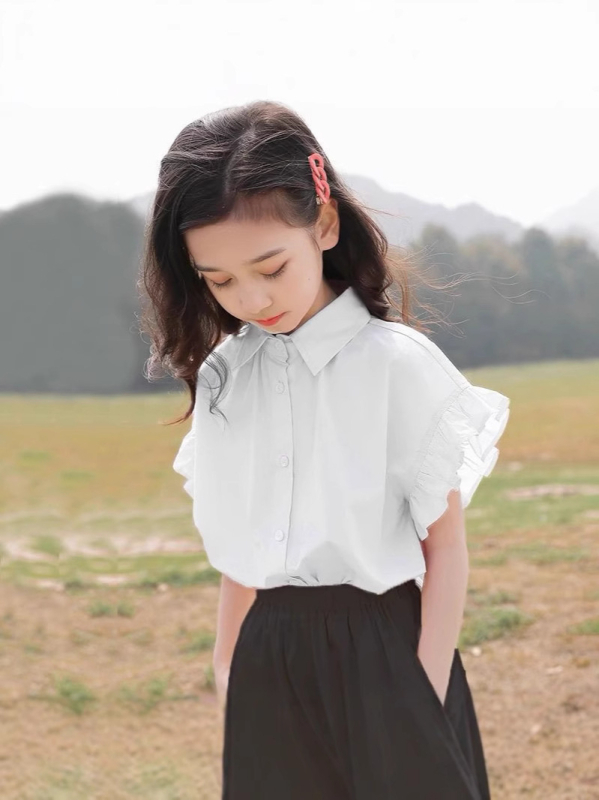 Mergaitėms skirtas vaikų marškinėliai, laisvalaikio stilius, trumpomis rankovėmis, apykaklė lapeli, 95% medvilnė, vasara 2025, vientisas raštas, amžius 8+ (aukštis virš 140 cm)