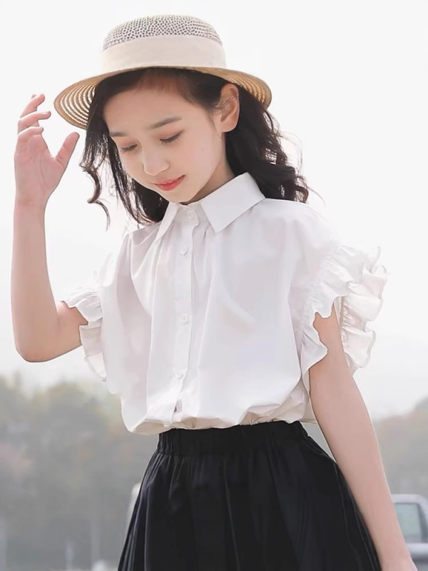 Mergaitėms skirtas vaikų marškinėliai, laisvalaikio stilius, trumpomis rankovėmis, apykaklė lapeli, 95% medvilnė, vasara 2025, vientisas raštas, amžius 8+ (aukštis virš 140 cm)