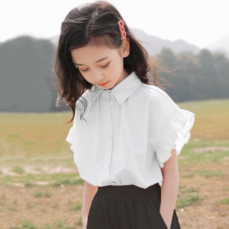 Mergaitėms skirtas vaikų marškinėliai, laisvalaikio stilius, trumpomis rankovėmis, apykaklė lapeli, 95% medvilnė, vasara 2025, vientisas raštas, amžius 8+ (aukštis virš 140 cm)