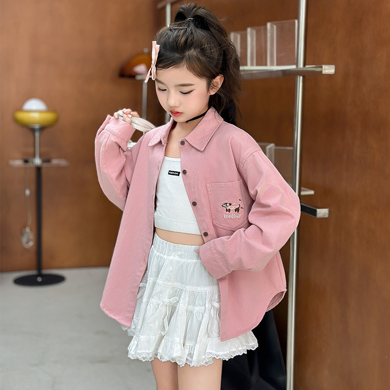 Lányok tavaszi felső 2025, sportos stílus, pamut 80% anyag, hosszú ujjú, kutyus hímzés