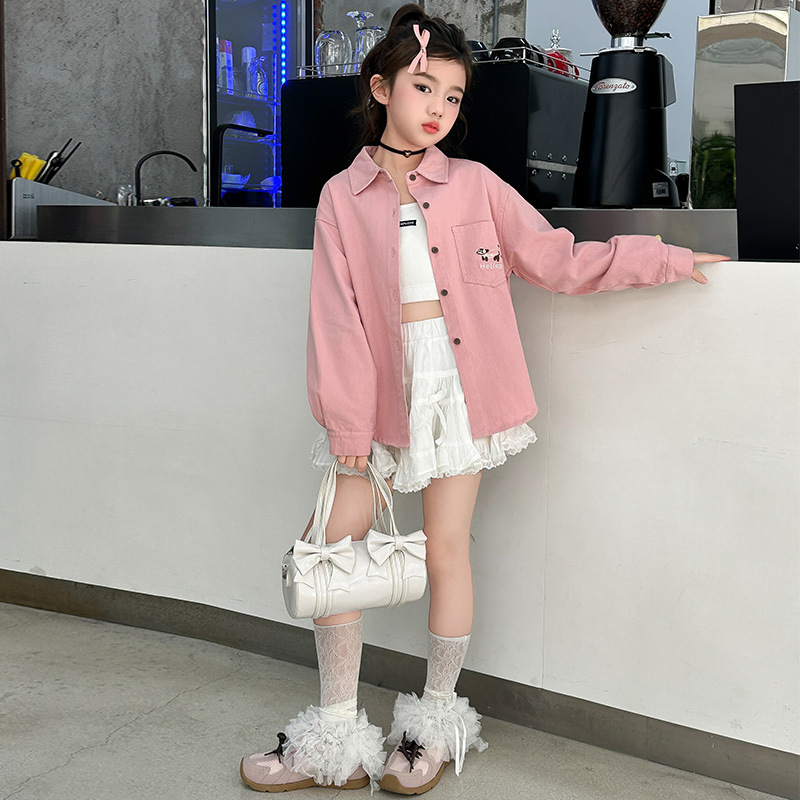 Lányok tavaszi felső 2025, sportos stílus, pamut 80% anyag, hosszú ujjú, kutyus hímzés