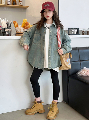 Lányoknak szóló farmer kabát/ felső, tavasz‑ősz, koreai stílus, hosszú ujjú, gallér, puha felület, 90% pamut, betűs mintázat