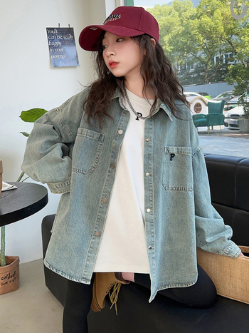 Lányoknak szóló farmer kabát/ felső, tavasz‑ősz, koreai stílus, hosszú ujjú, gallér, puha felület, 90% pamut, betűs mintázat