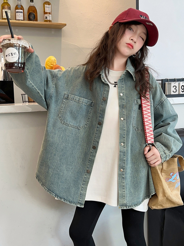 Lányoknak szóló farmer kabát/ felső, tavasz‑ősz, koreai stílus, hosszú ujjú, gallér, puha felület, 90% pamut, betűs mintázat