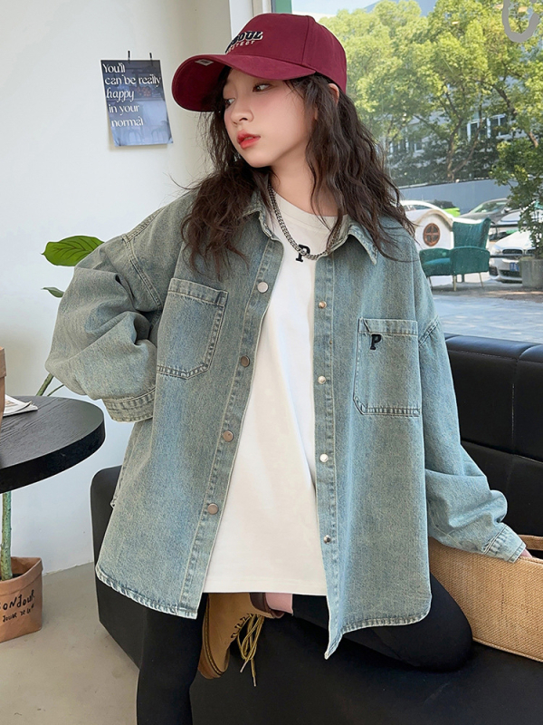 Lányoknak szóló farmer kabát/ felső, tavasz‑ősz, koreai stílus, hosszú ujjú, gallér, puha felület, 90% pamut, betűs mintázat