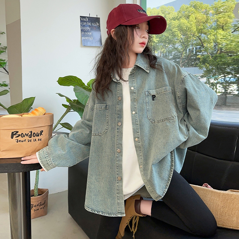 Lányoknak szóló farmer kabát/ felső, tavasz‑ősz, koreai stílus, hosszú ujjú, gallér, puha felület, 90% pamut, betűs mintázat