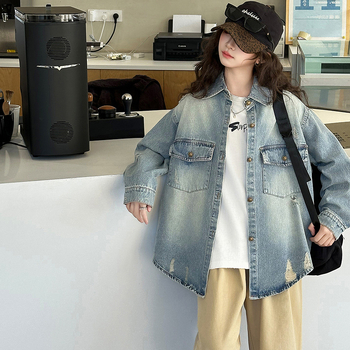 Σετ από δύο μέρη: πουκάμισο τζιν για κορίτσια και φούστα, κορεατικό στυλ, μακριά μανίκια, 88% βαμβάκι, άνοιξη-φθινόπωρο