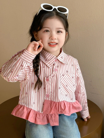 Vaikų dryžuota marškinėliai su revero apykakle ir ilgomis rankovėmis (pavasaris–ruduo, 3–8 metų, 90% poliesteris)