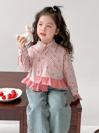 Vaikų dryžuota marškinėliai su revero apykakle ir ilgomis rankovėmis (pavasaris–ruduo, 3–8 metų, 90% poliesteris)