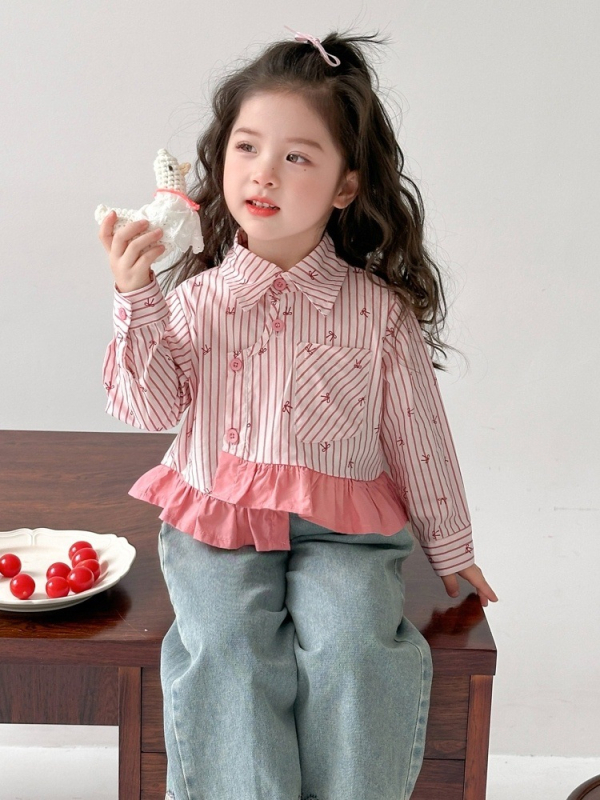 Vaikų dryžuota marškinėliai su revero apykakle ir ilgomis rankovėmis (pavasaris–ruduo, 3–8 metų, 90% poliesteris)