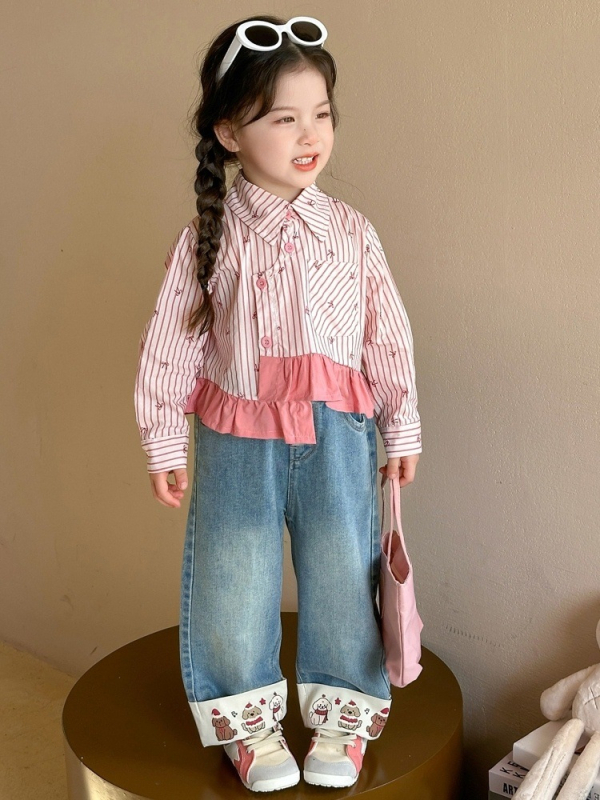 Vaikų dryžuota marškinėliai su revero apykakle ir ilgomis rankovėmis (pavasaris–ruduo, 3–8 metų, 90% poliesteris)