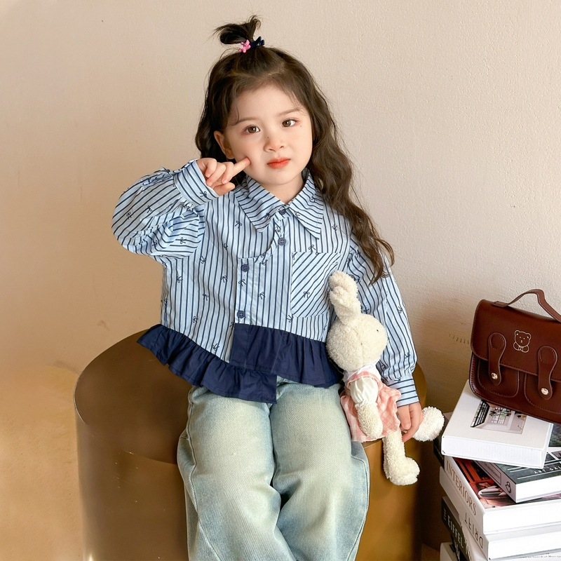 Vaikų dryžuota marškinėliai su revero apykakle ir ilgomis rankovėmis (pavasaris–ruduo, 3–8 metų, 90% poliesteris)