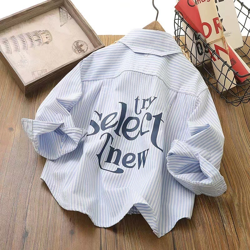 Gyerekeknek készült csíkos pamut ing, négyzetes gallérral, hosszú ujjú, kényelmes casual stílus, tavasz–ősz, 8+ éveseknek