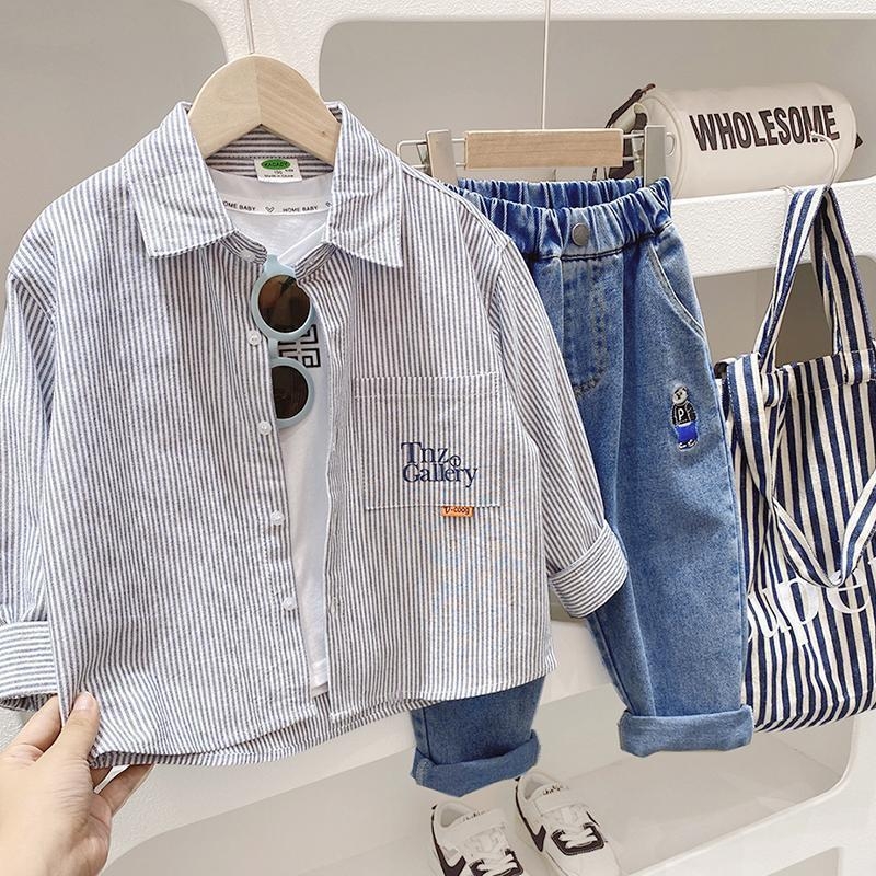 Gyerekeknek készült csíkos pamut ing, négyzetes gallérral, hosszú ujjú, kényelmes casual stílus, tavasz–ősz, 8+ éveseknek