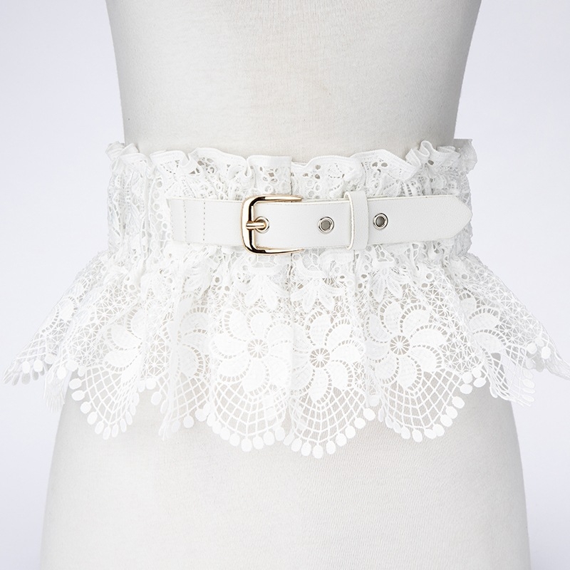 Дамски дантелен колан с рюш за талия – еластичен и декоративен за рокля тип риза, ширина 17 см