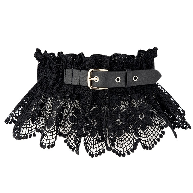 Дамски дантелен колан с рюш за талия – еластичен и декоративен за рокля тип риза, ширина 17 см