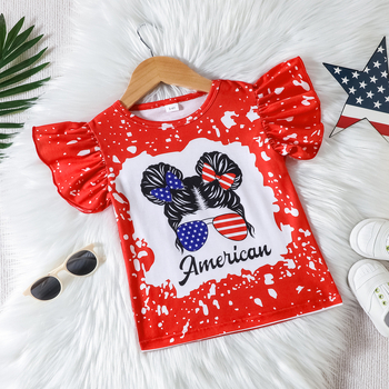 Детска лятна памучна тениска за момичета с принт на американски флаг и букви, летящи ръкави, 90% памук, за възраст 3–8 г